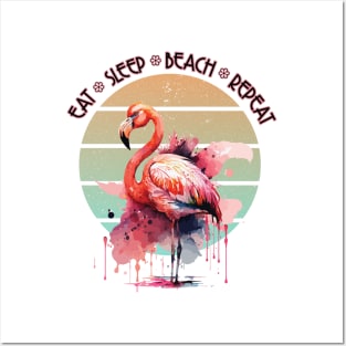 Eat Sleep Beach Repeat Pink Flamingo Retro Sunset Watercolor Art Posters and Art